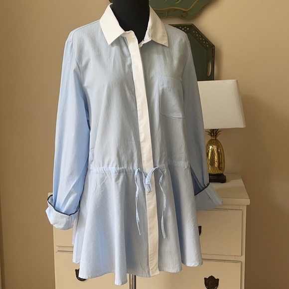 Crown & Ivy Button Up Shirt Sz L Blue White  Pinstripe Drawstring Waist NWT - Picture 8 of 15